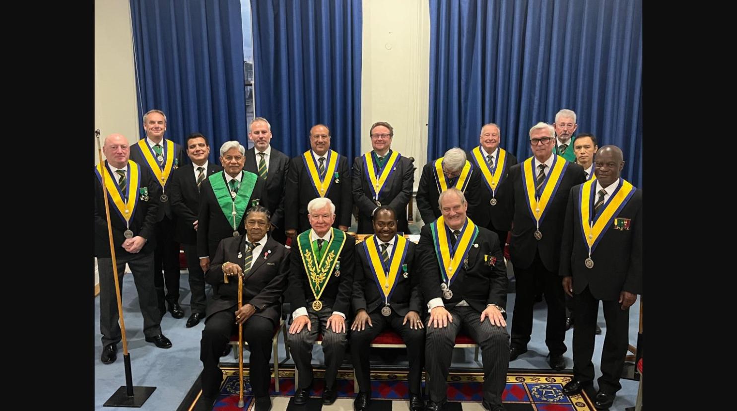 Group photograph of Britannic Council of Madeira No.46 officers and District Grand Junior Warden W. Bro. Keith Florence at the October 2025 meeting